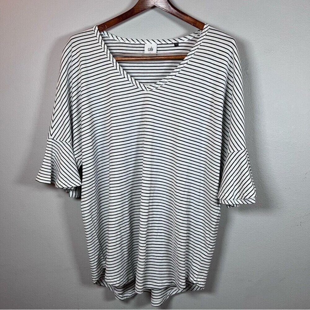 CAbi White and Black Striped V-Neck Flutter Sleeve Top